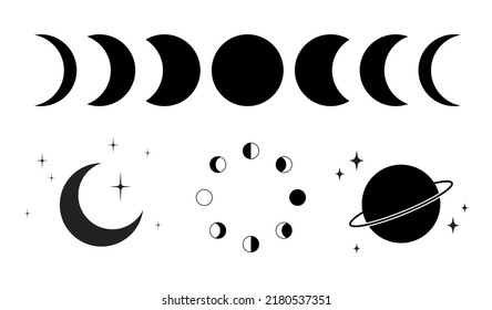 Set with moon, stars, planet. Composition with stars. Moon phases.  Night sky. Symbols of night.  Vector illustration. Isolated object on white background. Magic sparkle.