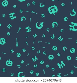 Set Moon and stars, Pumpkin, Witches broom and Castle on seamless pattern. Vector