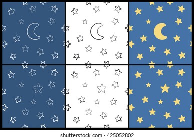 Set moon and stars. Seamless patterns on blue and white backgrounds. Vector illustration.