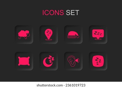 Set Moon and stars, Sleepy, Sheep, Earplugs ear, Sleeping hat and Pillow icon. Vector