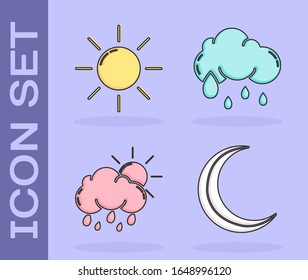 Set Moon and stars, Sun, Cloud with rain and sun and Cloud with rain icon. Vector