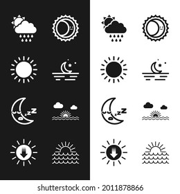 Set Moon and stars, Sun, Cloud with rain sun, Eclipse of the, icon, Sunset,  and  icon. Vector