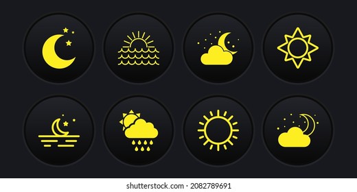 Set Moon and stars, Sun, Cloud with rain sun, moon, Sunset,  and  icon. Vector
