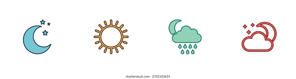 Set Moon and stars, Sun, Cloud with rain moon and  icon. Vector