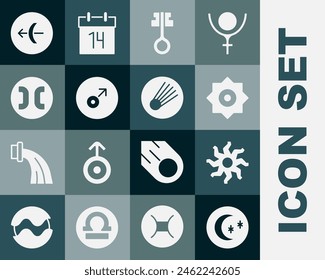 Set Moon and stars, Sun, Falling, Old magic key, Mars symbol, Pisces zodiac, Sagittarius and Comet icon. Vector