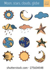 set of the moon, stars, sun, globe, hand drawn.vector background