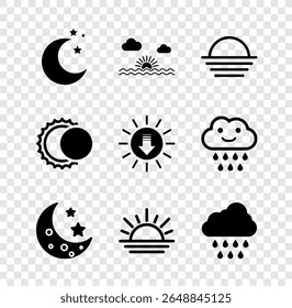 Set Moon and stars, Sunset, Cloud with rain, Eclipse of the sun and  icon. Vector