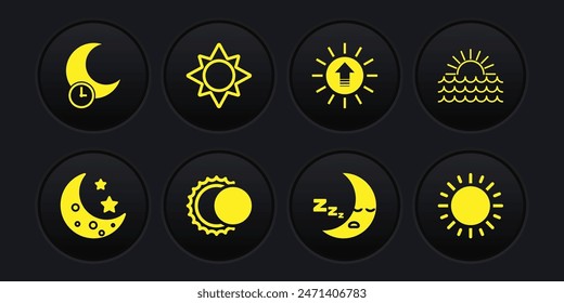 Luna y estrellas, Puesta de sol, Eclipse de sol, icono, e Icono de Luna durmiente. Vector