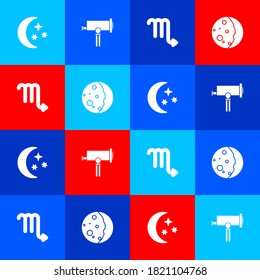 Set Moon and stars, Telescope, Scorpio zodiac and Eclipse of the sun icon. Vector.