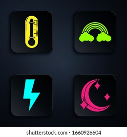Set Moon and stars, Thermometer, Lightning bolt and Rainbow with clouds. Black square button. Vector