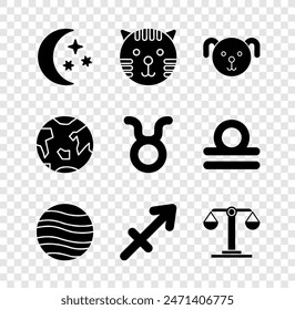 Set Moon and stars, Tiger zodiac, Dog, Planet Jupiter, Sagittarius, Libra, Earth and Taurus icon. Vector