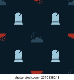 Set Moon and stars,  and Tombstone with RIP written on seamless pattern. Vector
