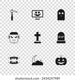 Set Moon and stars, Tombstone with RIP written, Pumpkin, cross, Ghost, Scythe, Happy Halloween holiday and Frankenstein face icon. Vector