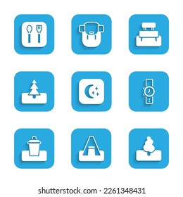 Set Moon and stars, Tourist tent, Tree, Wrist watch, Trash can, Bench and Fork spoon icon. Vector