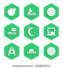 Set Moon and stars, UFO flying spaceship, Planet, Astronaut helmet, Robot, Mars rover,  and  icon. Vector