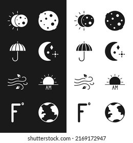Set Moon and stars, Umbrella, Eclipse of the sun, Wind, Sunrise, Earth globe and Fahrenheit icon. Vector