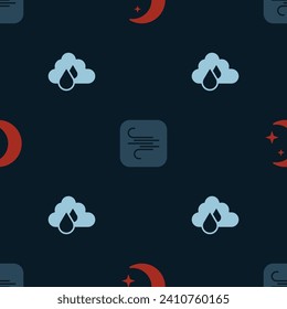 Set Moon and stars, Wind and Cloud with rain on seamless pattern. Vector