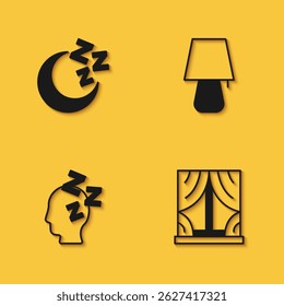 Set Moon and stars, Window with curtains, Dreams and Table lamp icon with long shadow. Vector