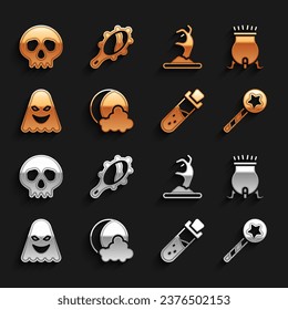 Set Moon and stars, Witch cauldron, Magic wand, Bottle with potion, Ghost, Zombie hand, Skull and mirror icon. Vector