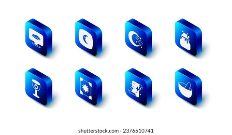 Set Moon and stars, Witch cauldron, Magic scroll, Ancient magic book, Medieval goblet and stone icon. Vector