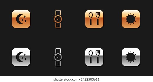 Set Moon and stars, Wrist watch, Fork spoon and Sun icon. Vector