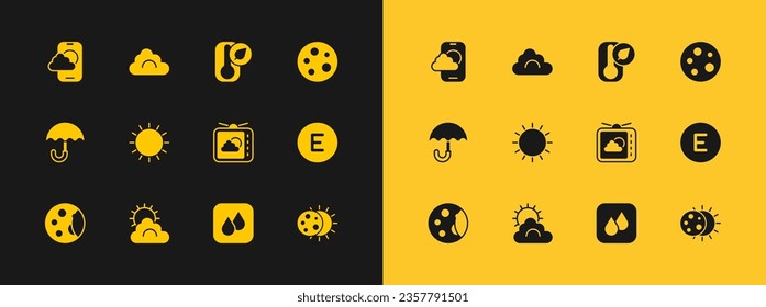 Set Moon, Sun and cloud weather, Weather forecast, Water drop, Thermometer, app and Cloud icon. Vector