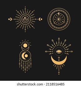 Set of moon and sun line art. Minimal boho linear symbols. Celestial mystic element. Vector line art illustration.