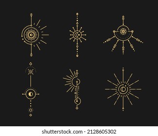 Set of moon and sun line art. Minimal boho linear symbols. Celestial mystic element. Vector line art illustration.