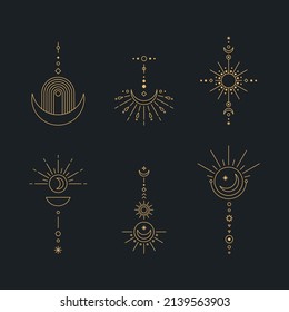 Set of moon and sun line art. Minimal boho linear symbols. Celestial mystic element. Vector line art illustration.