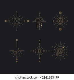 Set of moon and sun line art. Minimal boho linear symbols. Celestial mystic element. Vector line art illustration.