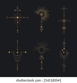 Set of moon and sun line art. Minimal boho linear symbols. Celestial mystic element. Vector line art illustration.