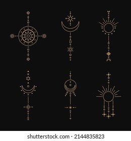 Set of moon and sun line art. Minimal boho linear symbols. Celestial mystic element. Vector line art illustration.