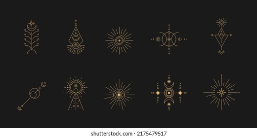 Set of moon and sun line art. Minimal boho linear symbols. Celestial mystic element. Vector line art illustration.