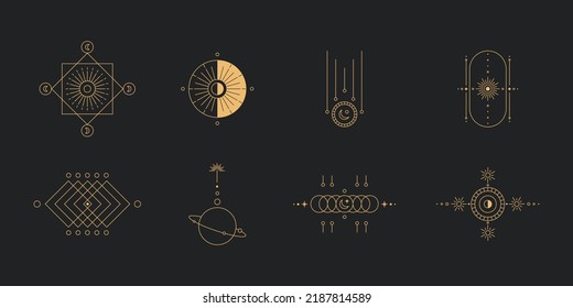 Set of moon and sun line art. Minimal boho linear symbols. Celestial mystic element. Vector line art illustration.