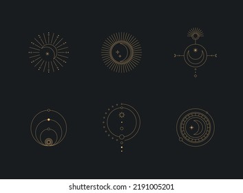 Set Of Moon And Sun Line Art. Minimal Boho Linear Symbols. Celestial Mystic Element. Vector Line Art Illustration.