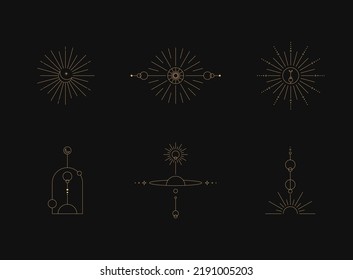 Set of moon and sun line art. Minimal boho linear symbols. Celestial mystic element. Vector line art illustration.
