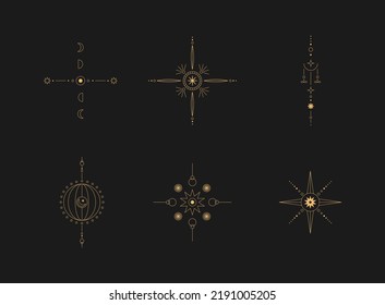 Set of moon and sun line art. Minimal boho linear symbols. Celestial mystic element. Vector line art illustration.