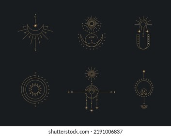 Set of moon and sun line art. Minimal boho linear symbols. Celestial mystic element. Vector line art illustration.