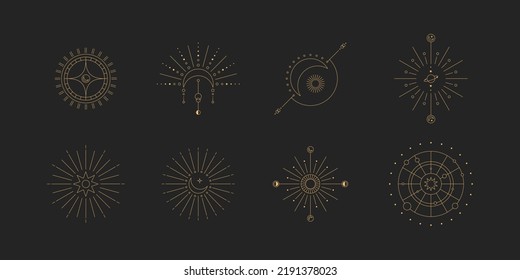 Set of moon and sun line art. Minimal boho linear symbols. Celestial mystic element. Vector line art illustration.