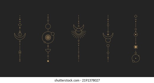 Set of moon and sun line art. Minimal boho linear symbols. Celestial mystic element. Vector line art illustration.