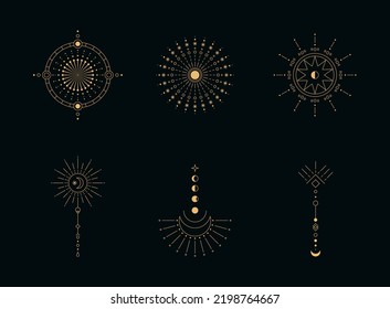 Set of moon and sun line art. Minimal boho linear symbols. Celestial mystic element. Vector line art illustration.