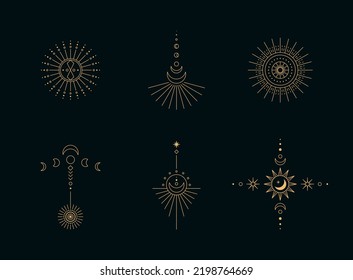 Set of moon and sun line art. Minimal boho linear symbols. Celestial mystic element. Vector line art illustration.