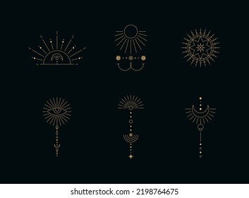 Set of moon and sun line art. Minimal boho linear symbols. Celestial mystic element. Vector line art illustration.