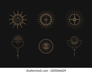 Set of moon and sun line art. Minimal boho linear symbols. Celestial mystic element. Vector line art illustration.