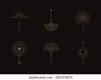 Set of moon and sun line art. Minimal boho linear symbols. Celestial mystic element. Vector line art illustration.