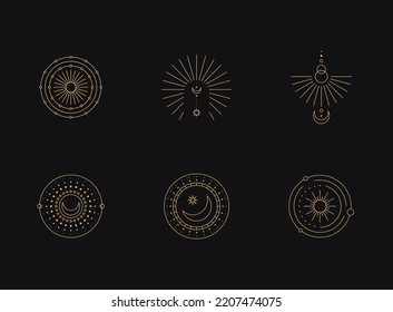 Set of moon and sun line art. Minimal boho linear symbols. Celestial mystic element. Vector line art illustration.