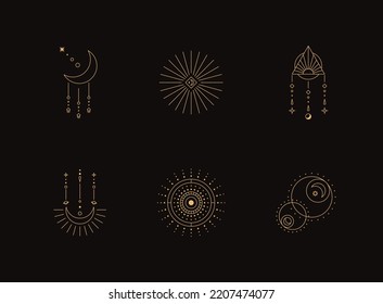 Set of moon and sun line art. Minimal boho linear symbols. Celestial mystic element. Vector line art illustration.