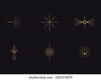 Set of moon and sun line art. Minimal boho linear symbols. Celestial mystic element. Vector line art illustration.