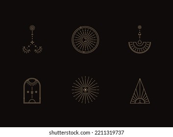 Set of moon and sun line art. Minimal boho linear symbols. Celestial mystic element. Vector line art illustration.