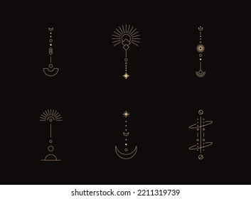 Set of moon and sun line art. Minimal boho linear symbols. Celestial mystic element. Vector line art illustration.